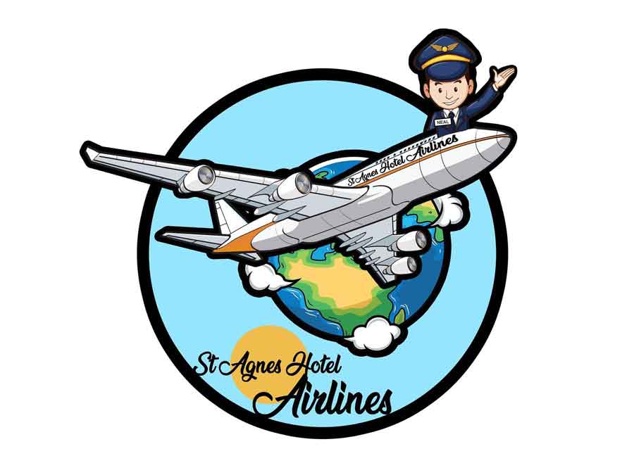 Cartoon style image by Matt @lambydesignco for St Agnes Hotel Airlines promoting the around the World culinary tour theme nights